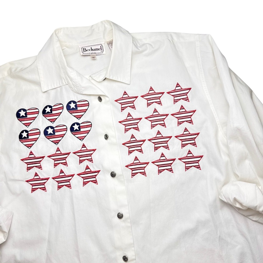 Vintage Americana Shirt Womens M White Embroidered Star Heart Fourth of July